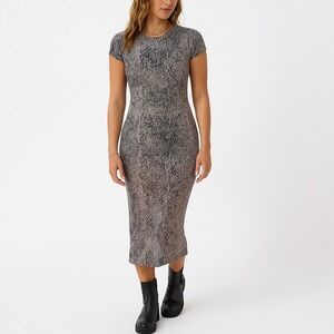 No Boundaries Snake Print Midi Dress Size M 8-10 Stretch Mesh Bodycon Gray Black